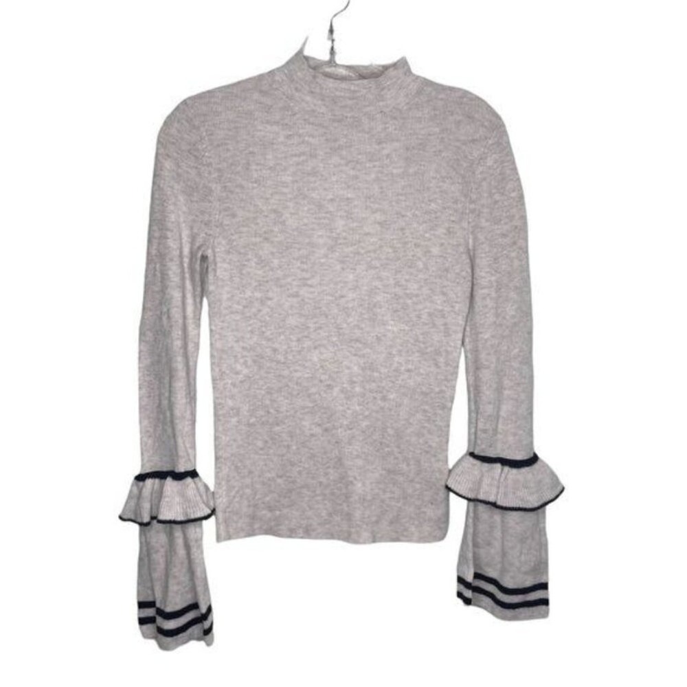 Express Womens Heather Gray Ribbed Mock Neck Ruffle Bell Sleeve Sweater Small